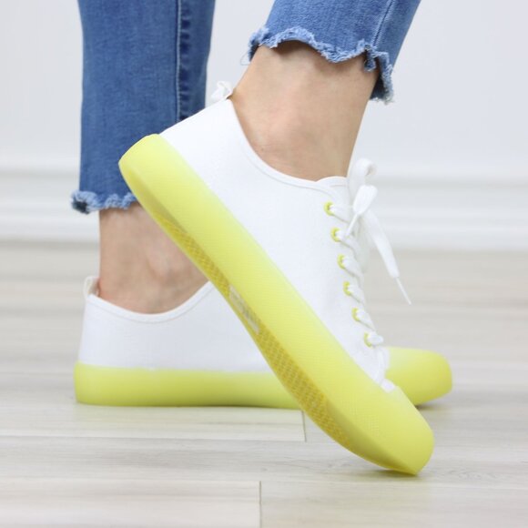 White Canvas Sneakers Yellow Sole Lace-Up Casual Everyday Comfort - Picture 7 of 14